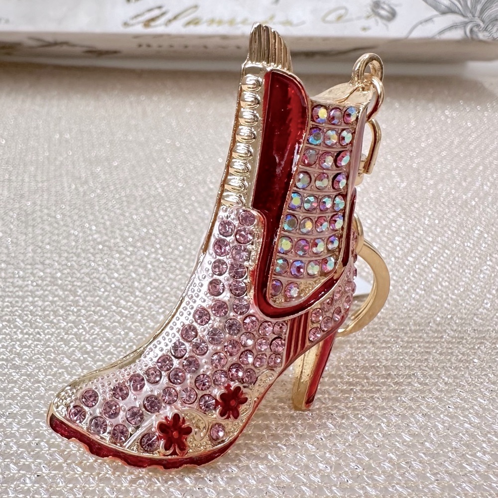 New Pink & Red Rhinestone Sparkling Cowboy Boot Keychain Bag Charm in Goldtone